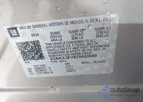 2018 Chevrolet Equinox Lt из США, поврежденный, VIN 3GNAXJEV8JS643949